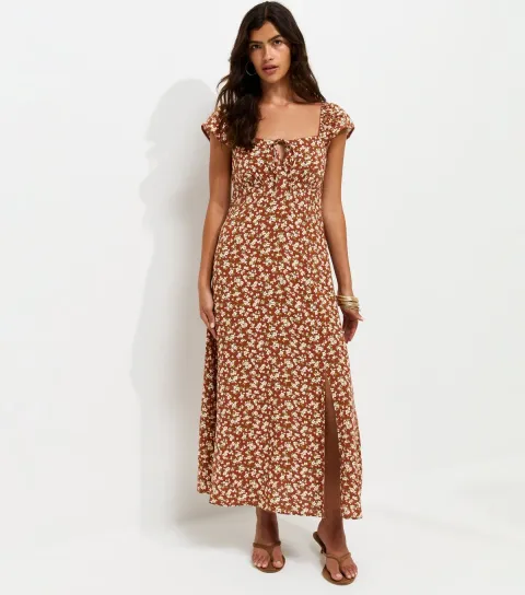 Women's Brown Floral Square Neck Midi Dress