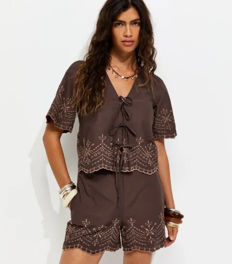 Women's Brown Cotton Embroidered Scalloped Hem Tie Blouse
