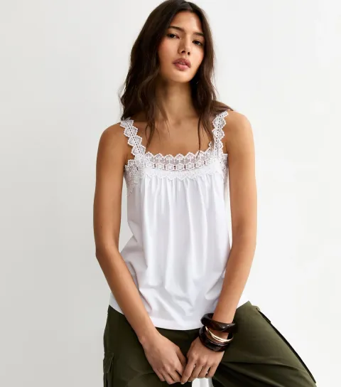 Women's White Square Neck Trim Cami Top
