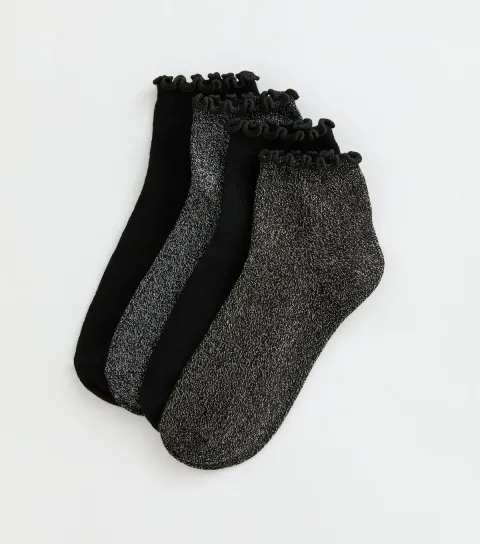 New Look Pack of 4 Black Frill Hem Glitter Ankle Socks