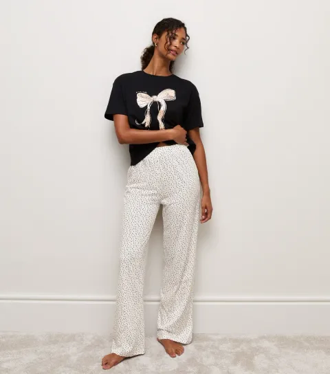 New Look Women's Black Cotton Bow Pyjama Trousers Set