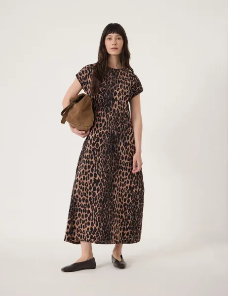 HUSH Cotton Rich Leopard Print Midaxi Waisted Dress Brown Mix