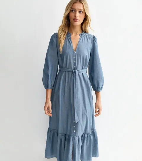 Women's Light Blue Chambray Grandad Neck Midi Dress