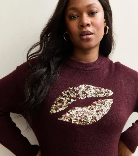 Women's Plus Size Red Sequin Lips Embellished Jumper Curves