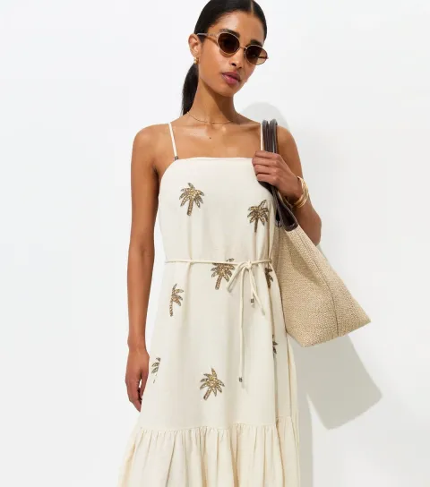 Women's Cream With Cotton Palm Embroidered Belted Midi Dress