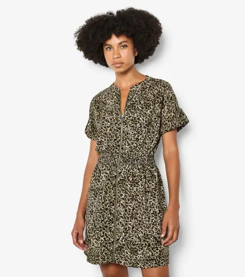 Women's Dark Khaki Animal Print Zip Mini Dress