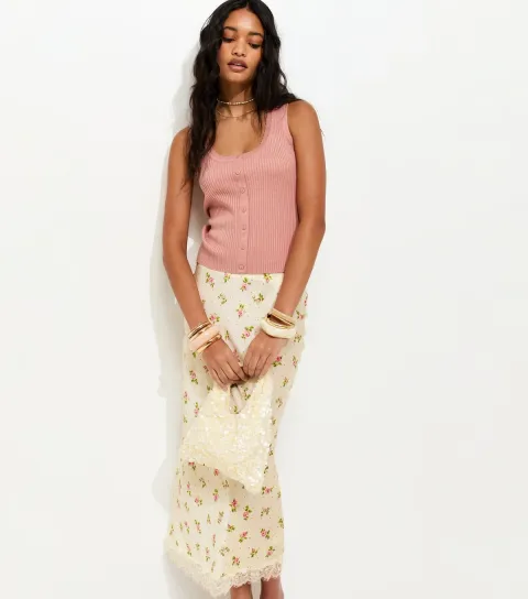 Women's Cream Floral Print Lace Trim Midi Skirt