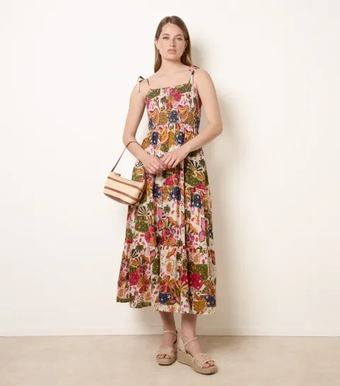 Women's Multicoloured Cotton Floral Shirred Midi Dress