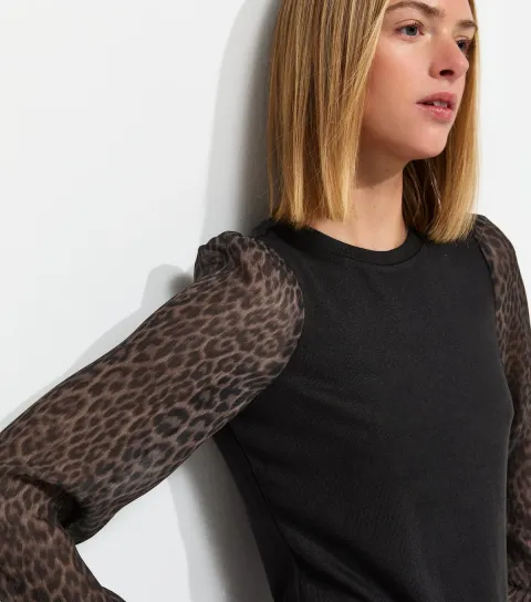 Women's Black Soft Touch Leopard Print 2-In-1 Top