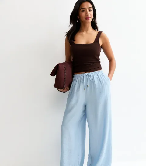 Women's Petite Light Blue Crinkle Texture Wide Leg Trousers