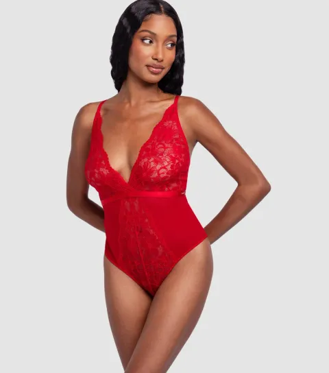 Women's Red Lace Panelled Bodysuit