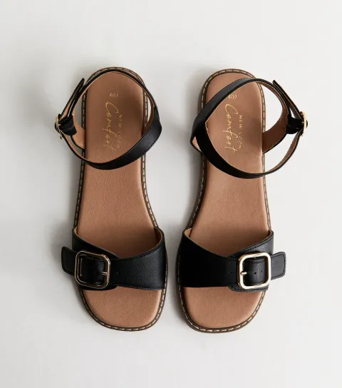 Women's Black Buckled Strap Faux Leather Sandals Vegan