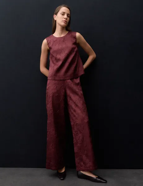 Autograph Satin Textured High Waisted Wide Leg Trousers Dark Grape
