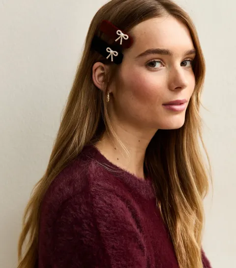 Pack Of 2 Black and Red Velvet Embellished Bow Hair Slides