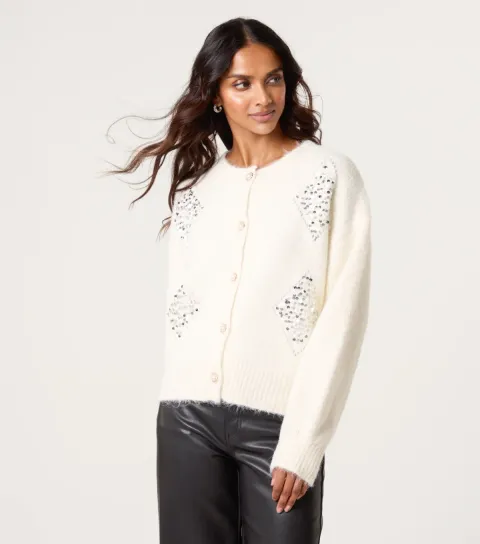 Women's Off White Sequin Embellished Cardigan