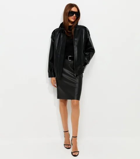 New Look Women's Black Faux Leather Belted Mini Pencil Skirt