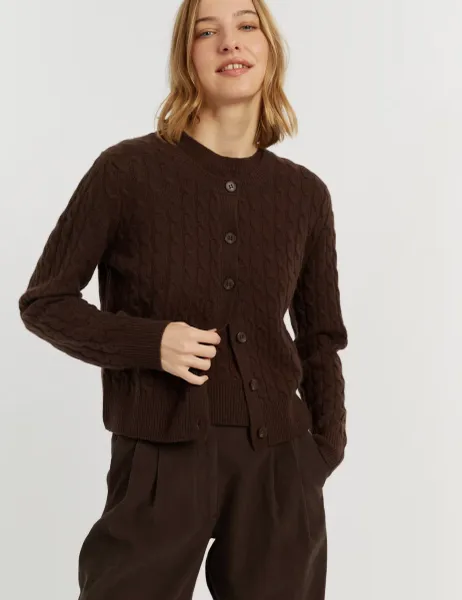Chinti & Parker Pure Cashmere Cable Knit Crew Neck Cardigan Chocolate