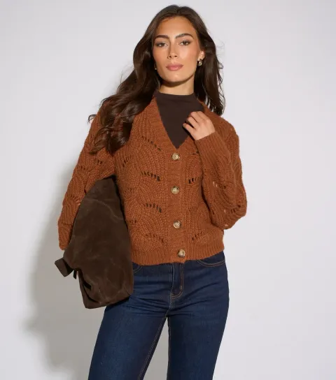 Gini London Women's Tan Pointelle Knit Long Sleeve Cardigan