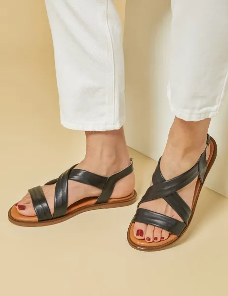 Jones Bootmaker Leather Ankle Strap Flat Sandals Black