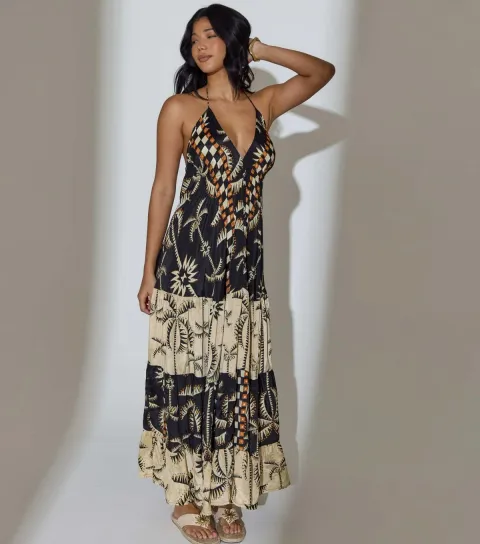 Women's Black Tiered Halterneck Maxi Dress