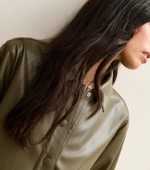 Women's Green Faux Leather Relaxed Long Sleeve Shirt