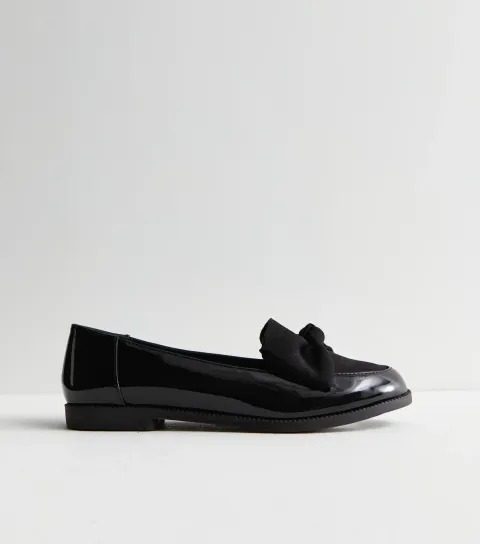 Women's Black Faux Patent Leather Bow Loafers Vegan