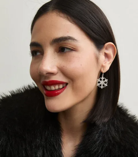 New Look Silver Tone Christmas Diamante Snowflake Drop Earrings