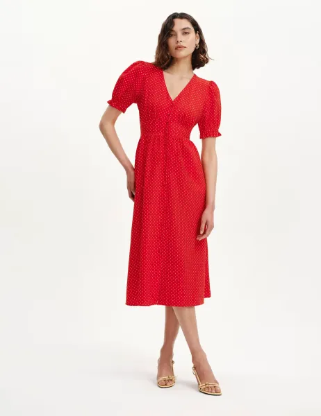 Finery London Printed V-Neck Midi Tea Dress Red Mix