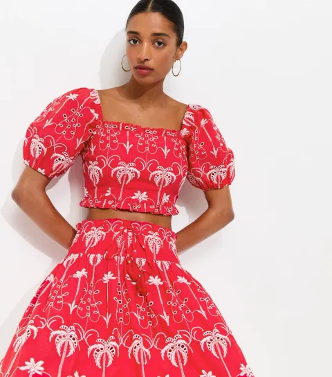 Women's Red Cotton Broderie Palm Tree Crop Top
