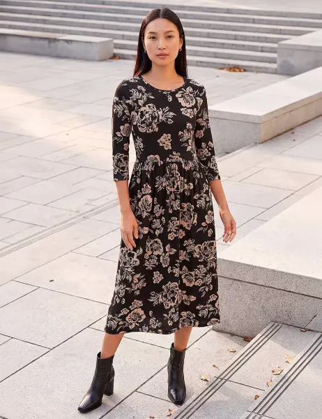 Roman Floral Round Neck Midi Skater Dress Black