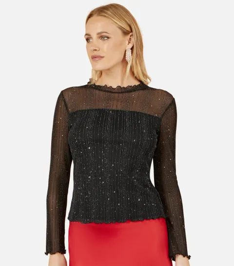 Women's Black Sparkle Stripe Mesh Top