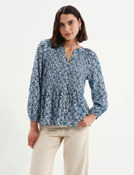 Finery London Floral V- Neck Ruffle Blouse Blue Mix