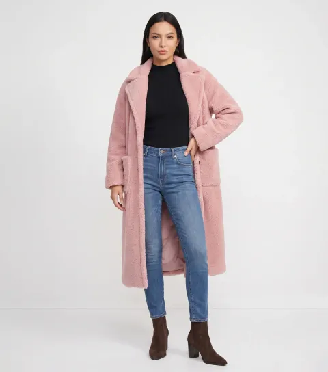 Gini London Women's Light Pink Longline Teddy Coat