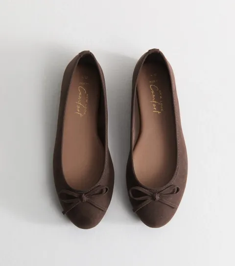 Women's Wide Fit Dark Brown Faux Suede Round Ballet Flats Vegan