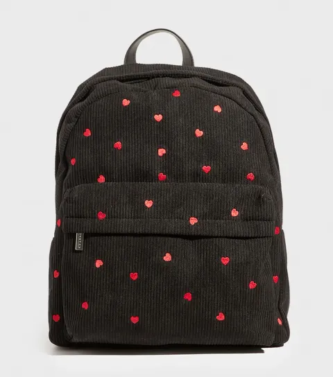 Black Heart Embroidered Corduroy Backpack