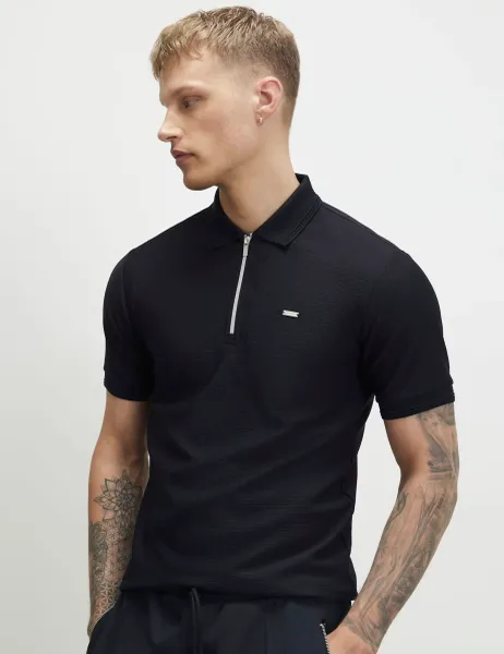 River Island Textured Half Zip Knitted Polo Shirt Black