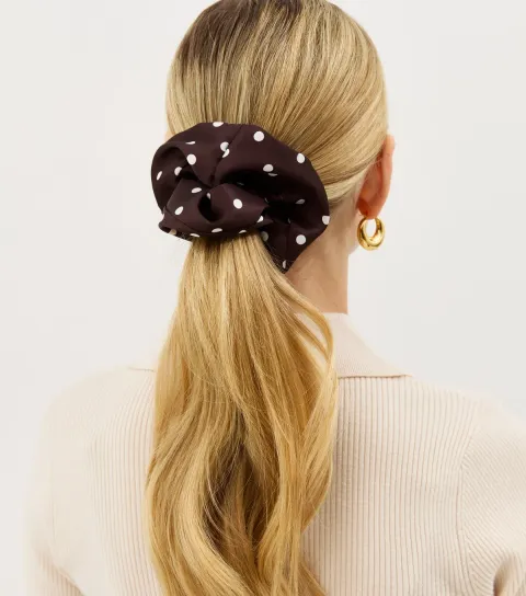 Brown Polka Dot Satin Scrunchie
