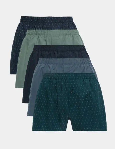 Marks & Spencer 5 Pack Pure Cotton Geometric Woven Boxers Teal Mix