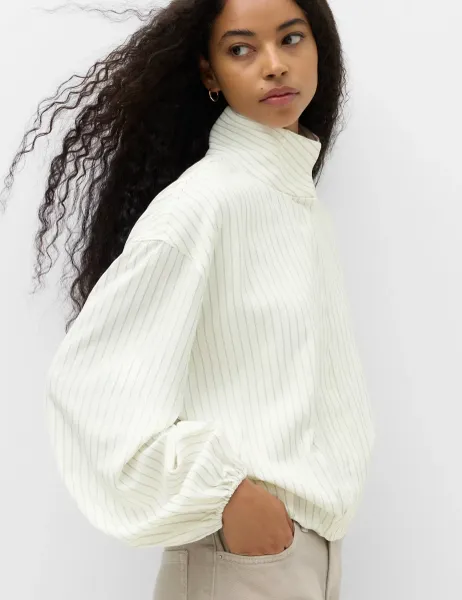 Marks & Spencer Pinstripe Funnel Neck Shirt White Mix