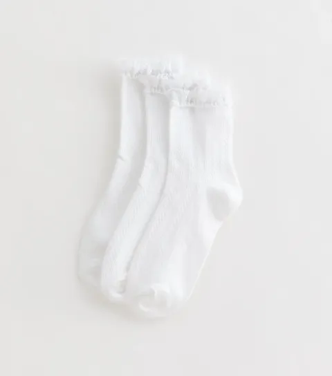 White Herringbone Frilly Lace Trim Ankle Socks