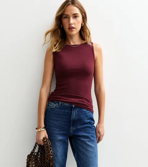 Women's Dark Burgundy Ribbed Slash Neck Vest Top
