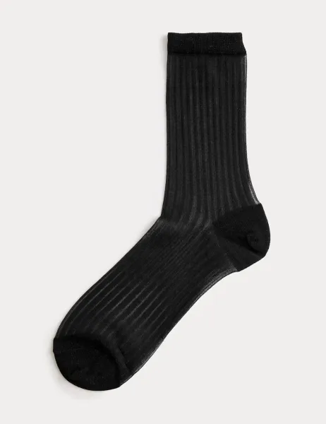 Marks & Spencer Cotton Blend Sheer Ribbed Sparkly Crew Socks Black