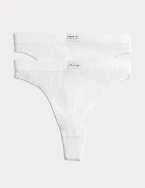Marks & Spencer 2 Pack Juni Cotton Rib High Waisted Thongs White