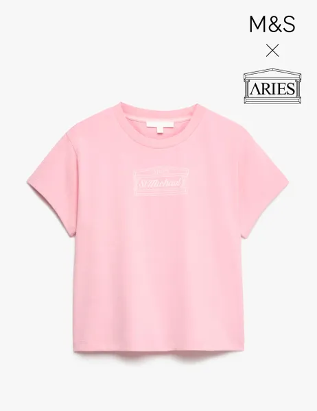 M&S x Aries Pure Cotton Printed Crop T-Shirt Pink