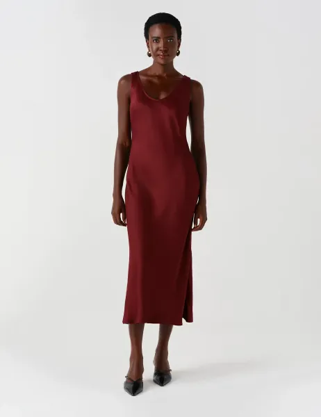 Ghost Satin V Neck Midaxi Cami Slip Dress Burgundy