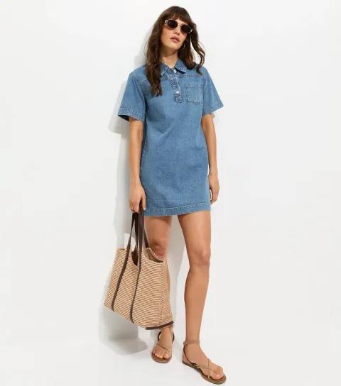 Women's Tall Blue Denim Short Sleeve Tunic Dress