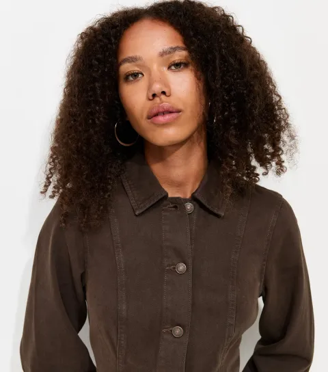 Women's Dark Brown Cotton Long Sleeve Cinched Denim Dress