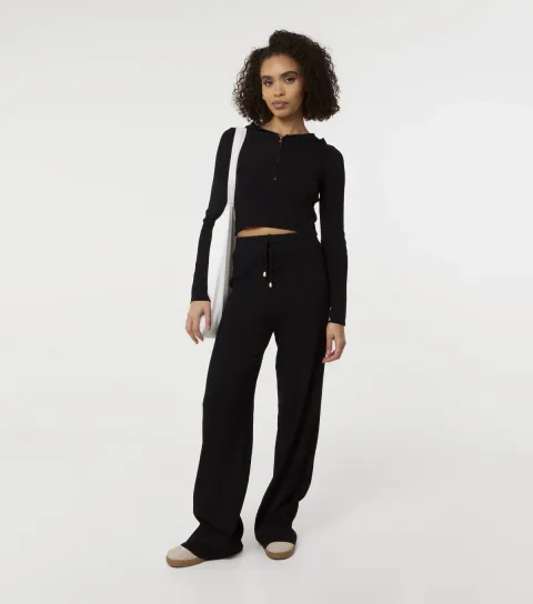 Women's Black Ribbed Half Zip Hoodie and Wide Leg Set