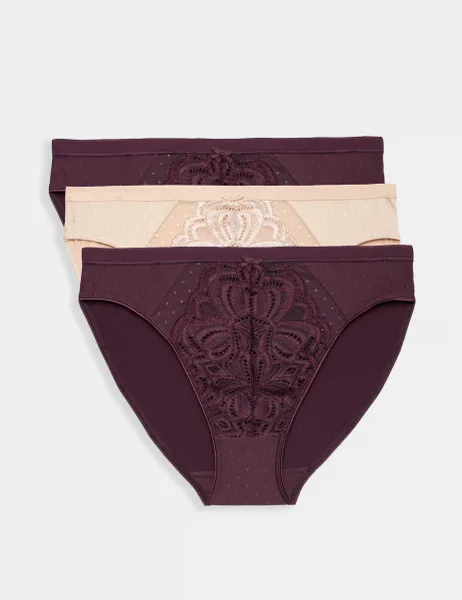 Marks & Spencer 3pk Amelia Lace High Leg Knickers Dark Aubergine