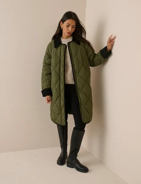Nobody's Child Quilted Padded Collared Longline Jacket Green